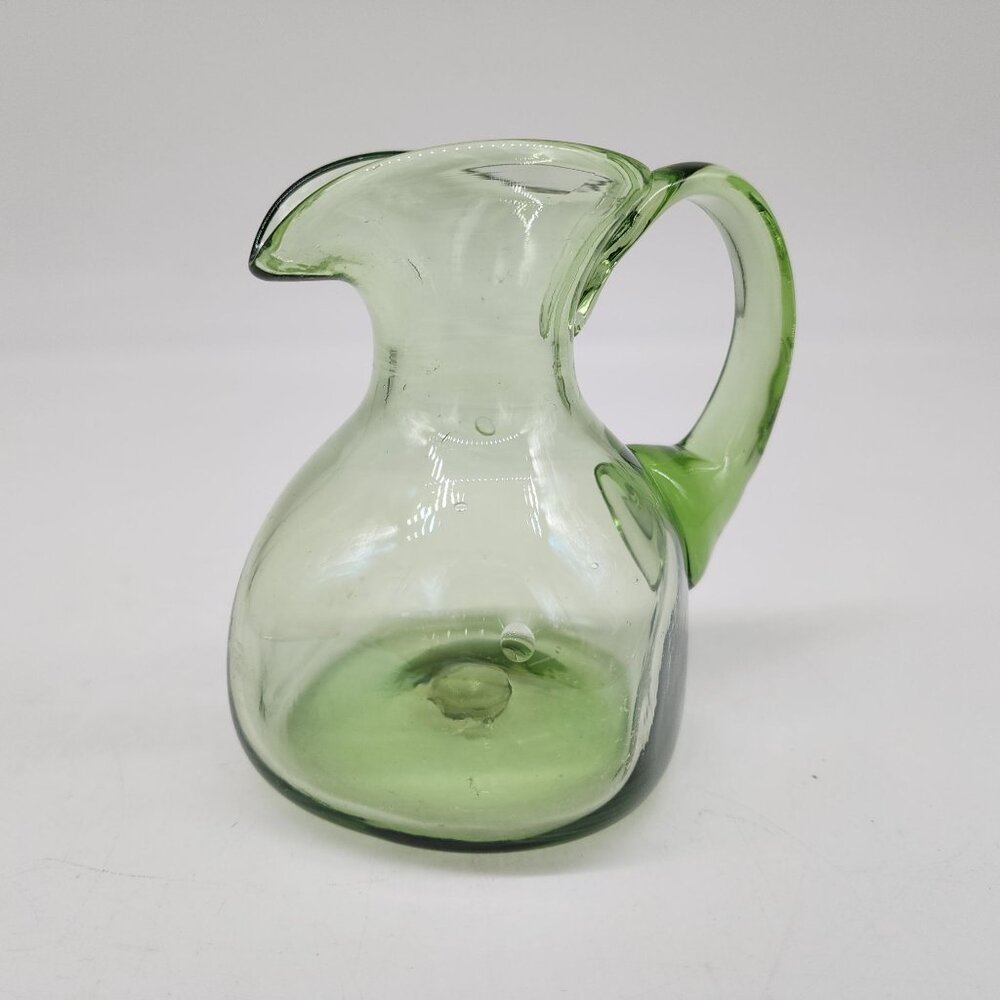Vintage Green Handblown Glass Pitcher Creamer Ruff Pontil Square Base 4.25" High
